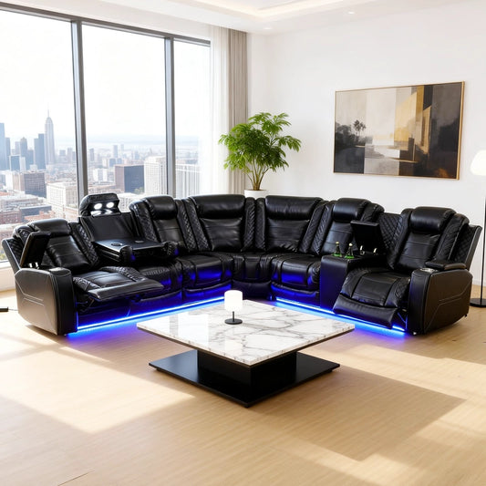 Ainehome Black Leather Power Reclining Sectional with Reading Lamp