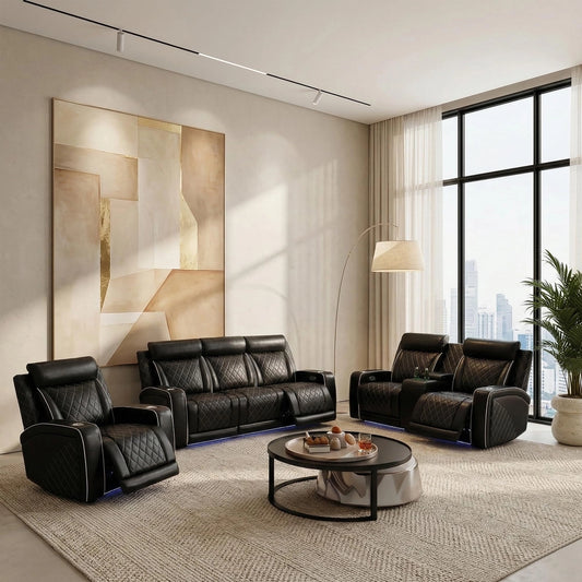 Black Leather 5-Seater Power Reclining Sofa Set with Reading Lights & Hidden Storage