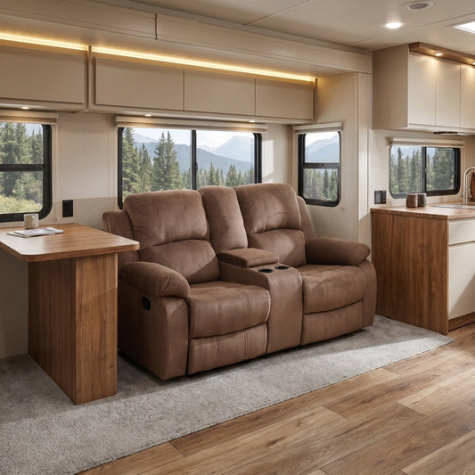 68" Manual RV Loveseat Recliner with Storage Console - Breathable Tech-Fabric Motorhome Sofa Replacement - 67" Full Extension & 26" Door Friendly - Brown