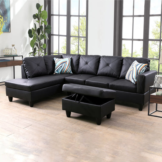 97" Wide Black Faux Leather L-Shaped Living Room Sectional Sofa Set — image 1