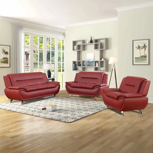 Red Faux Leather 3-Piece Living Room Sofa Set with Elegant Design