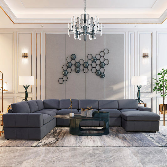 Navy Blue Corduroy 6-Seater Sectional Sofa Set
