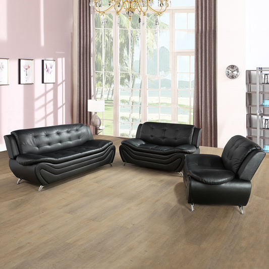 Black Faux Leather 3-Piece Living Room Sofa Set with Elegant Design