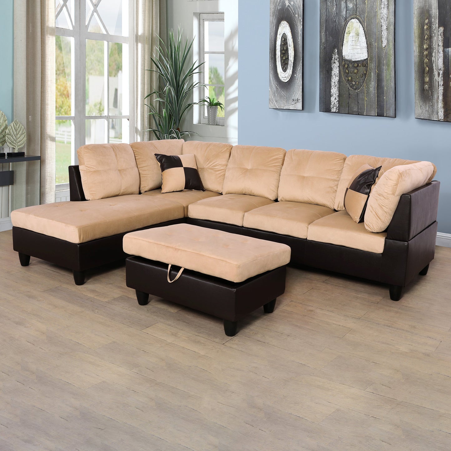 103.5"Wide Beige and Brown Lint L-Shaped Living Room Sectional Sofa Set