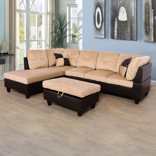 103.5"Wide Beige and Brown Lint L-Shaped Living Room Sectional Sofa Set
