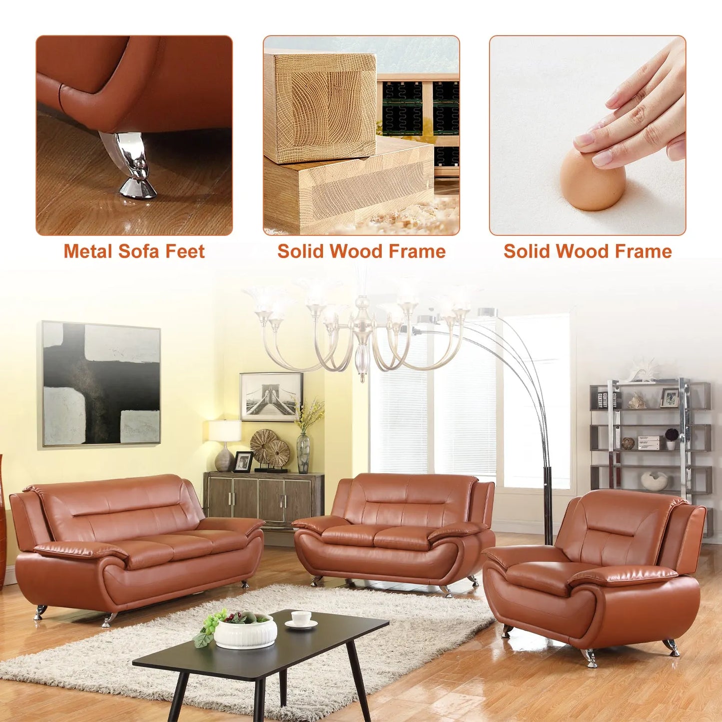 Ainehome Orange Faux Leather 3-Piece Combo Sofa and Chair Set