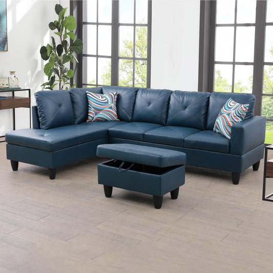 97" Wide Denim Blue L-Shaped Faux Leather Sofa Set