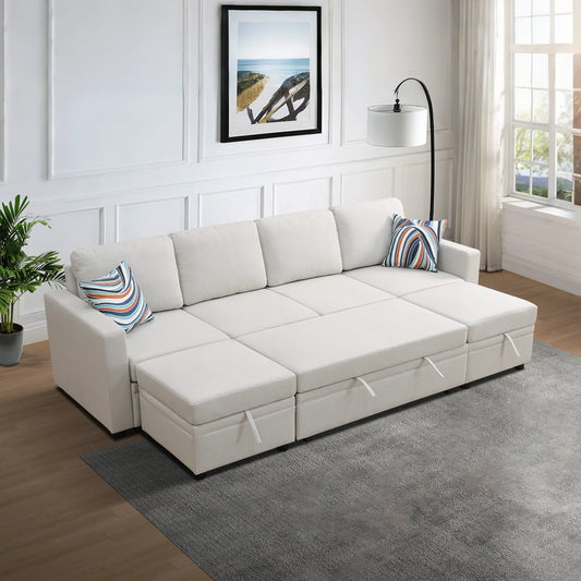 Ainehome Off-White Extendable Fabric Sofa Bed 6-Piece Sectional with Storage