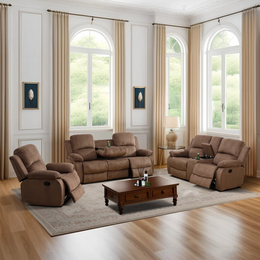 Cinema 3-Piece Plush Brown Microfiber Reclining Sofa Set