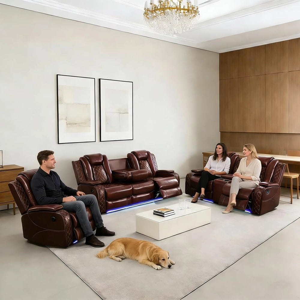Ainehome Burgundy Leather 3-Piece Power Reclining Sofa Set with Diamond Stitching & Smart Features