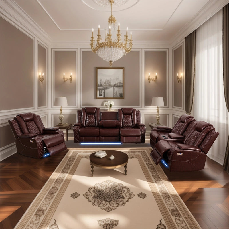 Brown Breathable Leather Adjustable Recliner Sofa Set — Sofa