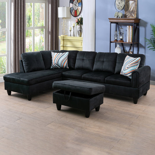 97" Wide Black Flannel L-Shaped Living Room Sectional Sofa Set