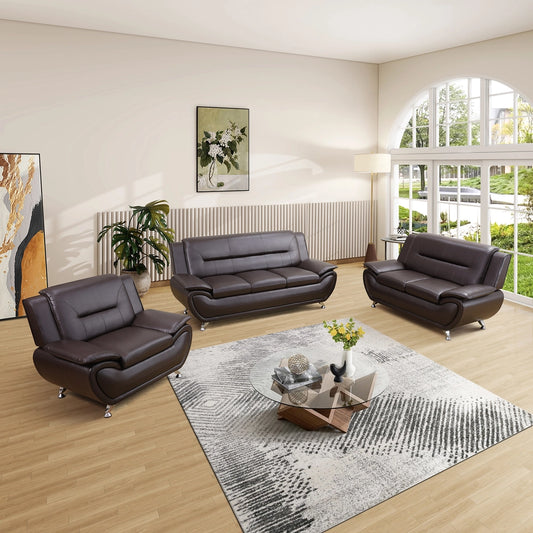 Solid Color Faux Leather 3-Piece Living Room Sofa Set with Elegant Design