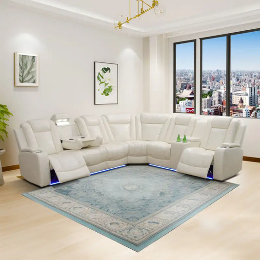 Ainehome Off-White Leather Power Reclining Sectional Sofa with Smart Tea Table & Organizer