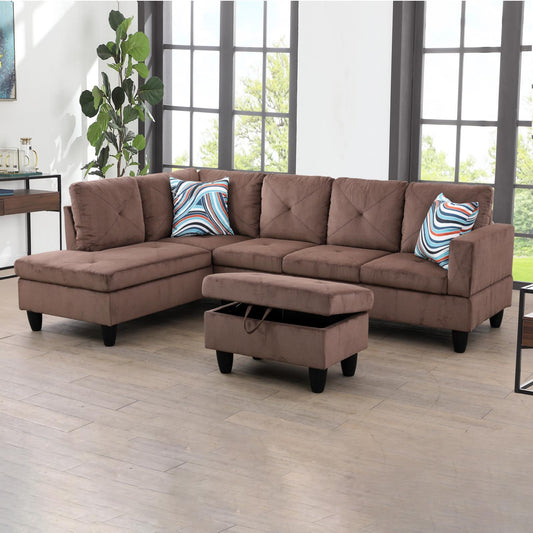 97" Wide Brown Corduroy L-Shaped Living Room Sectional Sofa Set — image 1