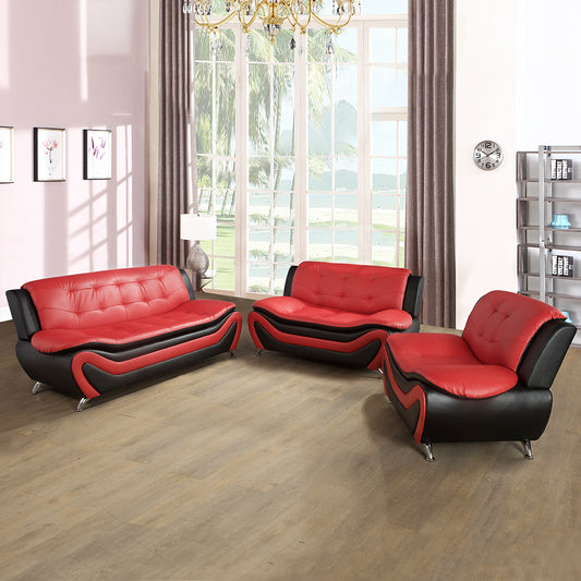 Black & Red Faux Leather 3-Piece Living Room Sofa Set with Elegant Design