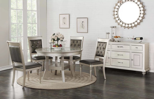 Silver Round Glass-Top Dining Group with Tufted Chairs