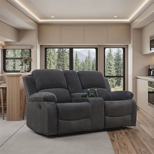 68" Manual RV Loveseat Recliner with Storage Console - Breathable & Mold-Proof Fabric Replacement Sofa for Class A, C Motorhomes and Travel Trailers - Dark Grey