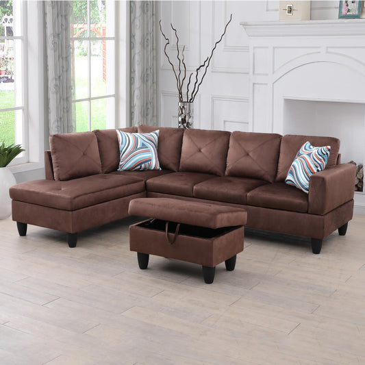 97" Wide Brown Microfiber L-Shaped Living Room Sectional Sofa Set — image 1