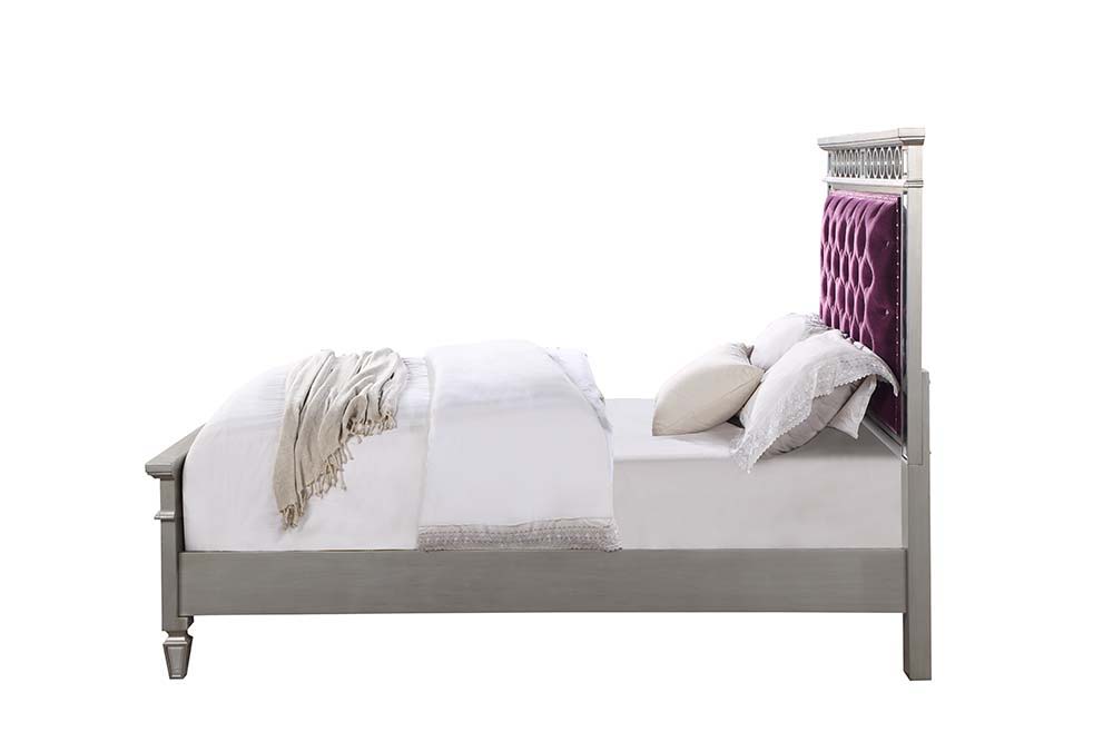 Varian - Twin Bed - Burgundy Velvet, Silver & Mirrored