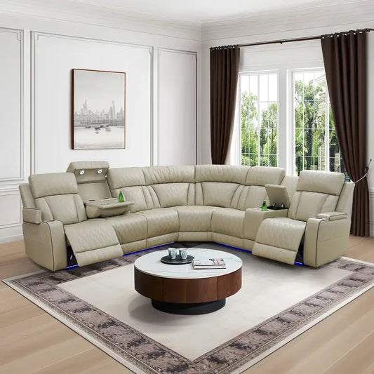 Ainehome Beige Leather Power Reclining Sectional Sofa with Reading Lamp