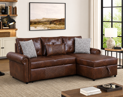 Avalon Brown 2-Piece Leather Gel Pull-Out Bed Sectional with Storage