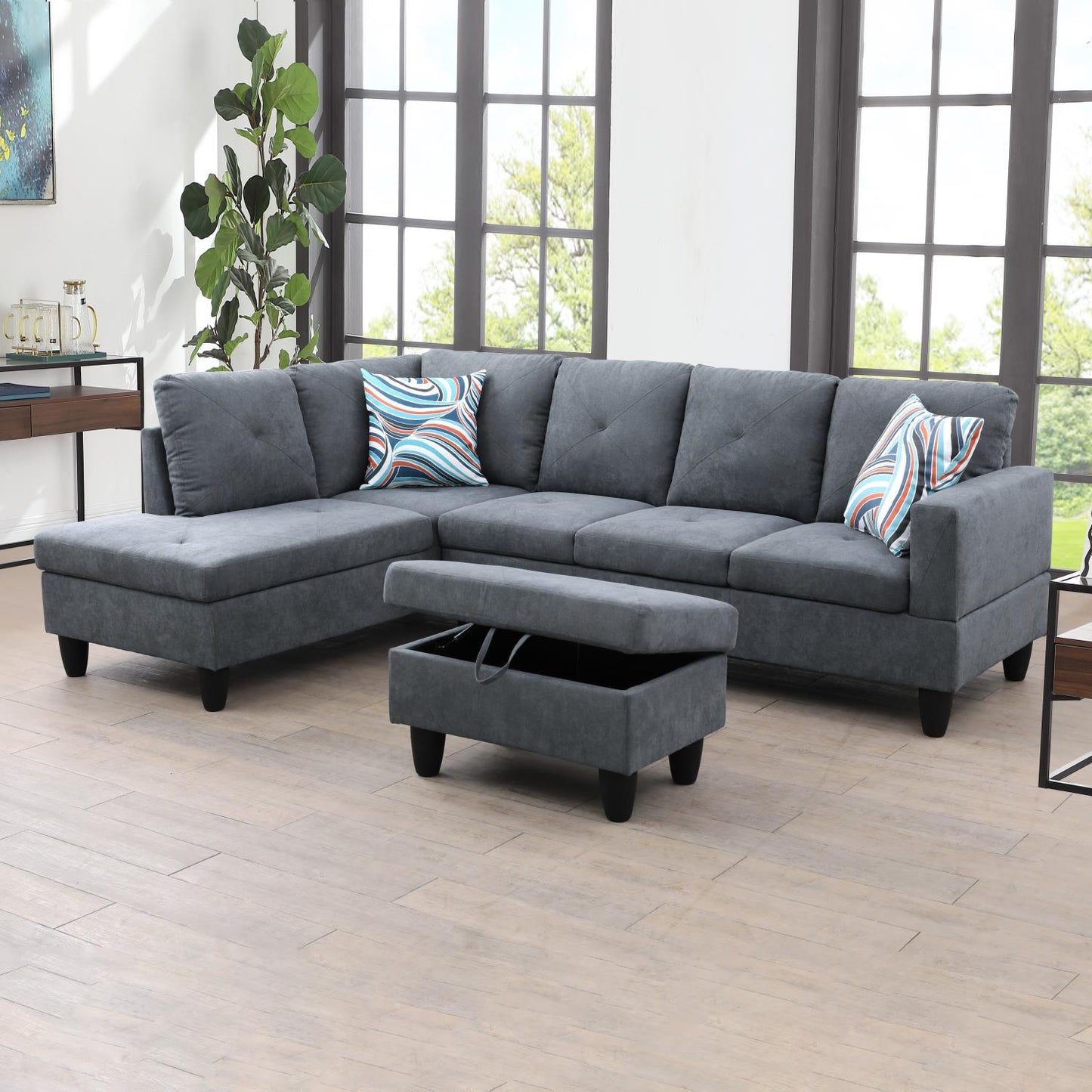 97" Wide Dark Grey Flannelette L-Shaped Living Room Sectional Sofa Set
