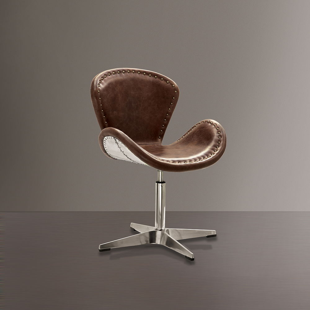 Brancaster - 33" Accent Chair With Swivel - Retro Brown Top Grain Leather & Aluminum