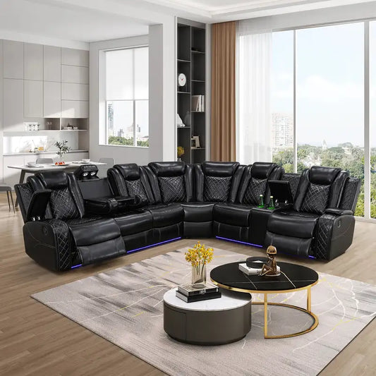 Black Leather Power Reclining Sofa Set with Smart Storage & Wireless Charging
