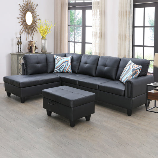 97" Wide Black Faux Leather L-Shaped Living Room Sectional Sofa Set