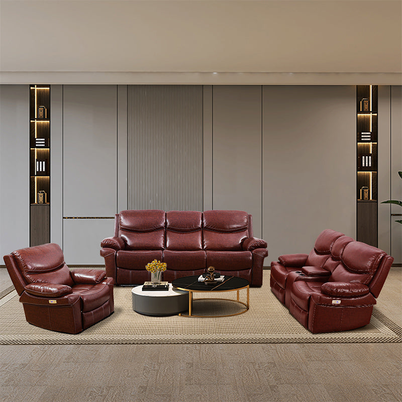 Burgundy Breathable Leather Adjustable Back Recliner Sofa Set