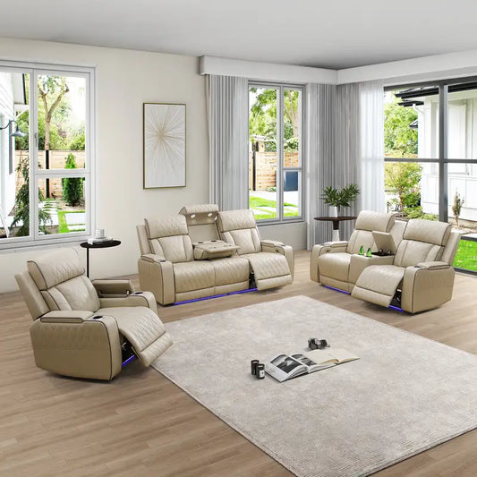 Beige Leather Power Reclining Sectional Sofa with Smart Coffee Table & Reading Lamp