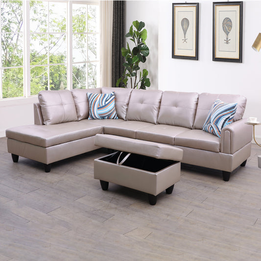 97" Wide Latte Faux Leather L-Shaped Living Room Sectional Sofa Set