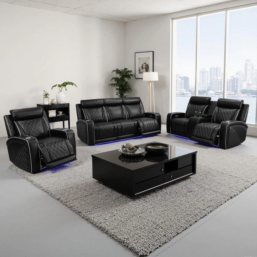 Ainehome Black Leather 5-Seater Power Reclining Sofa Set with Reading Lights & Hidden Storage