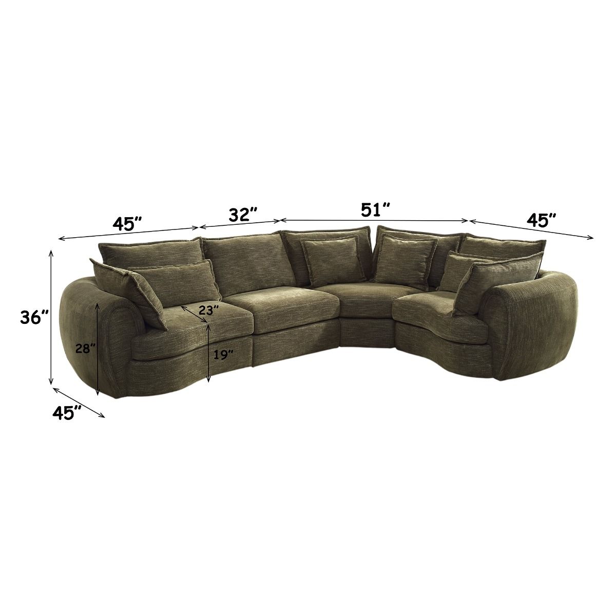 Leighton - Modular Wedge With 4 Pillows - Green Chenille