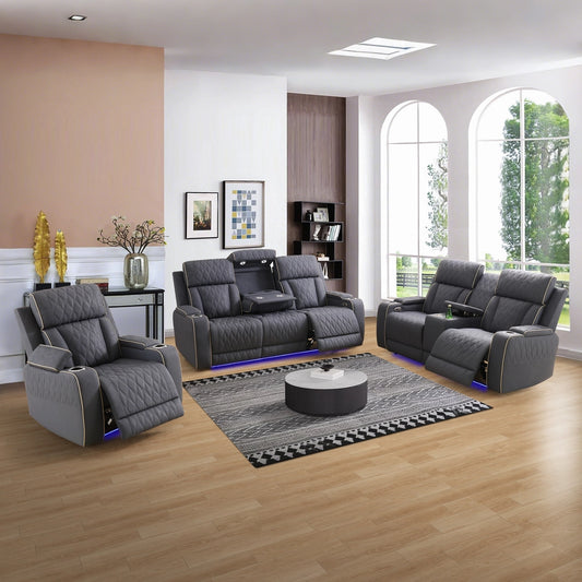 Blue Gray Sanded Leather 5-Seater Power Reclining Sofa Set with Smart Features