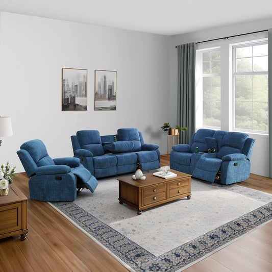 Cinema 3-Piece Blue Fabric Manual Reclining Sofa Set