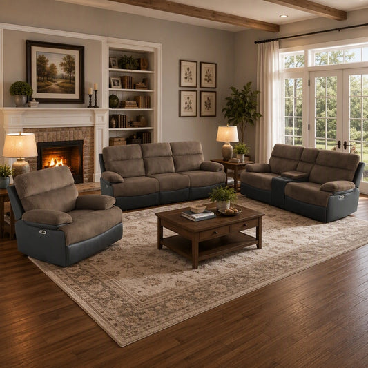 Brown Corduroy Power Reclining Sofa Set with LED Lights, USB Charging & Storage Console - 3 Piece Living Room Set