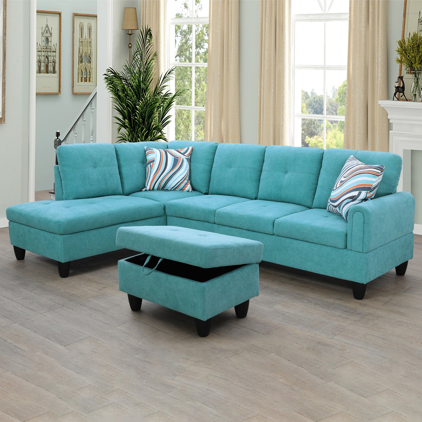 97" Wide Green Flannel L-Shaped Living Room Sectional Sofa Set