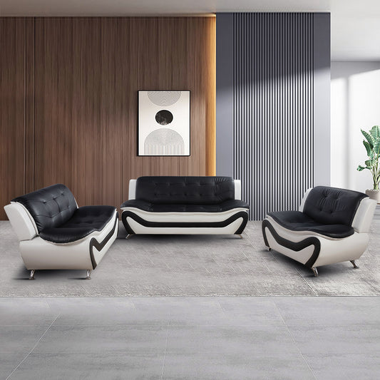 Black & White Faux Leather 3-Piece Living Room Sofa Set with Elegant Design