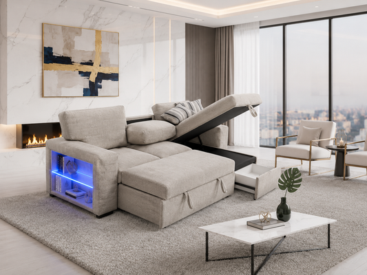Judy Grey Reversible Pull-Out Bed Sectional with Speakers and LED