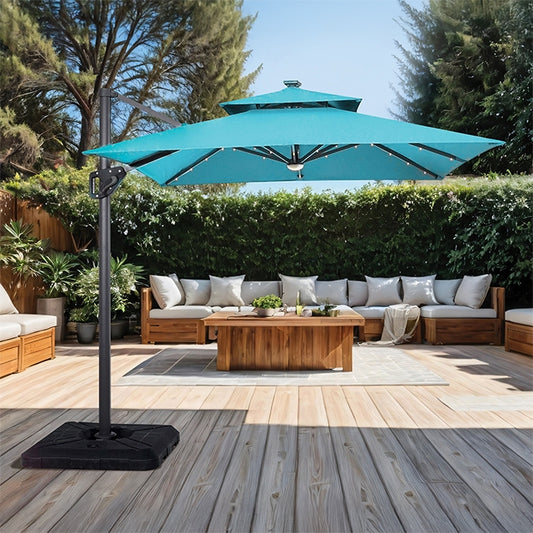 Xico - 8 Ft Square Umbrella w/ Double Top w/ LED Light + 37" Large Base