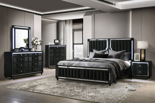 Ravenne 5-piece Velvet Upholstered Eastern King LED Bedroom Set Black