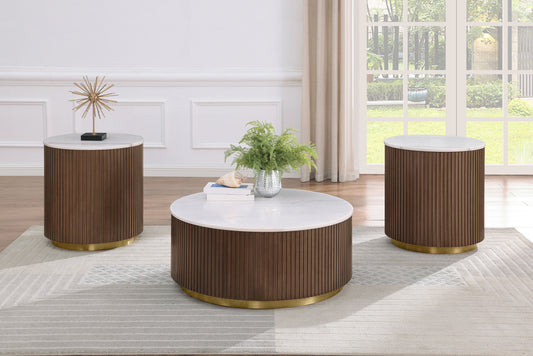Jason 3-piece Round White Marble Coffee Table Set Honey Brown