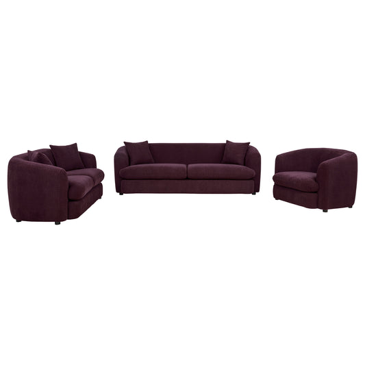 Delroy 3-Piece Stationary Sofa Set Aubergine Polyester Upholstery