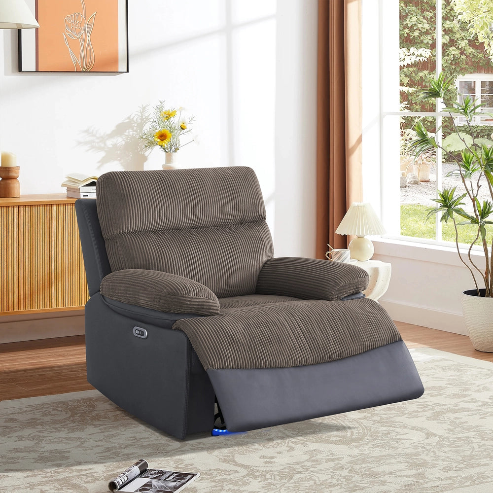 Brown Corduroy Power Reclining Sofa Set with LED Lights, USB Charging & Storage Console - 3 Piece Living Room Set