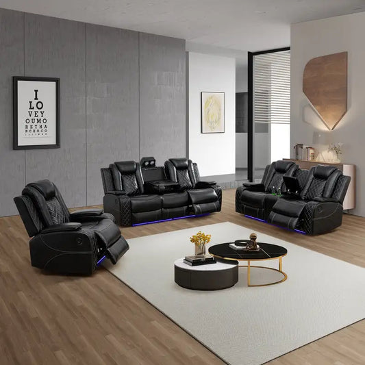 Black Leather Power Reclining Sofa Set with Smart Console & LED Lighting