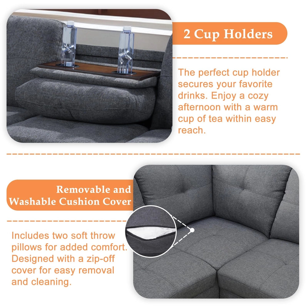 Ainehome 97.5" Wide Grey Linen L-Shaped Living Room Sectional Sofa Set
