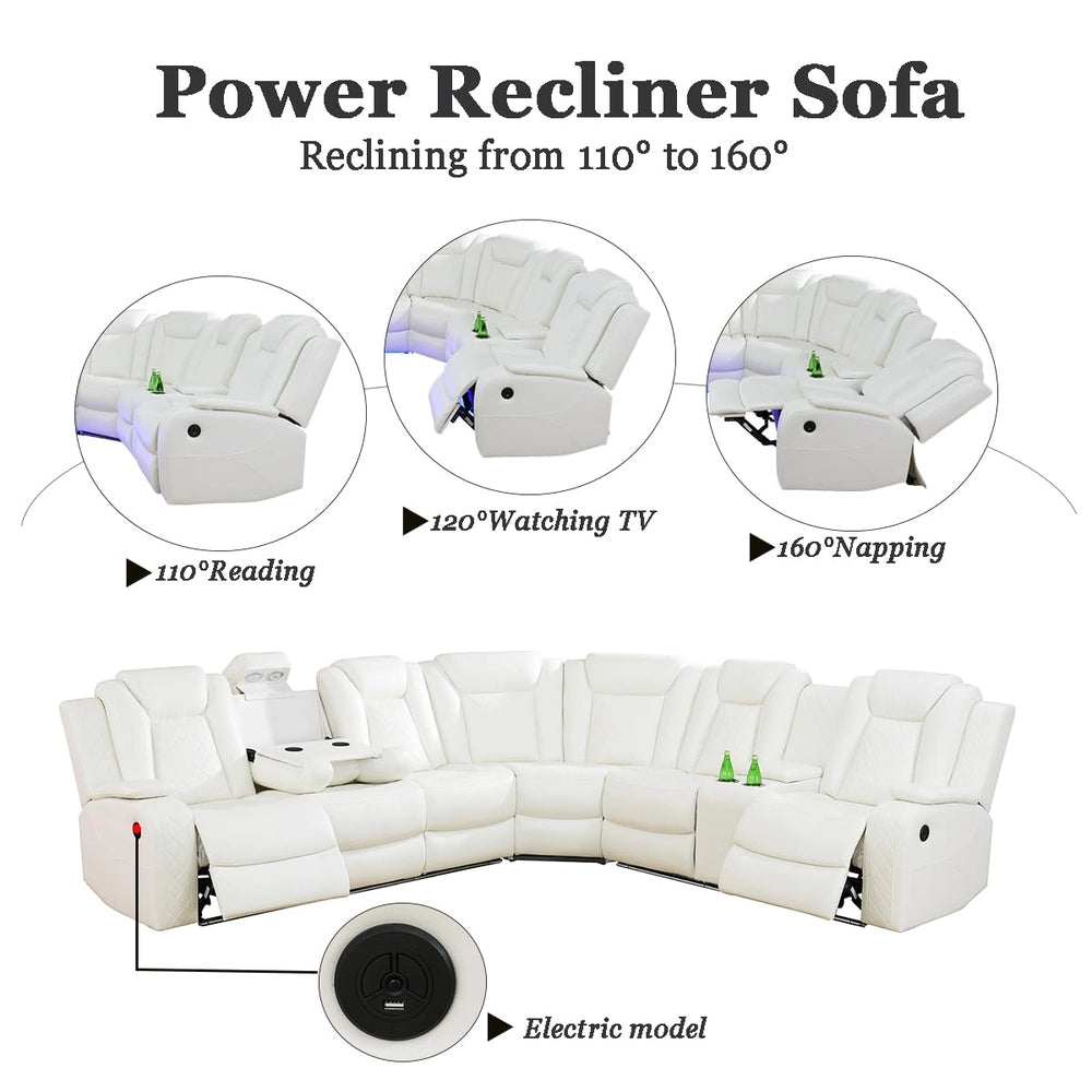 Ainehome Off-White 3-Piece Intelligent Power Reclining Leather Sectional Sofa Set with Smart Features