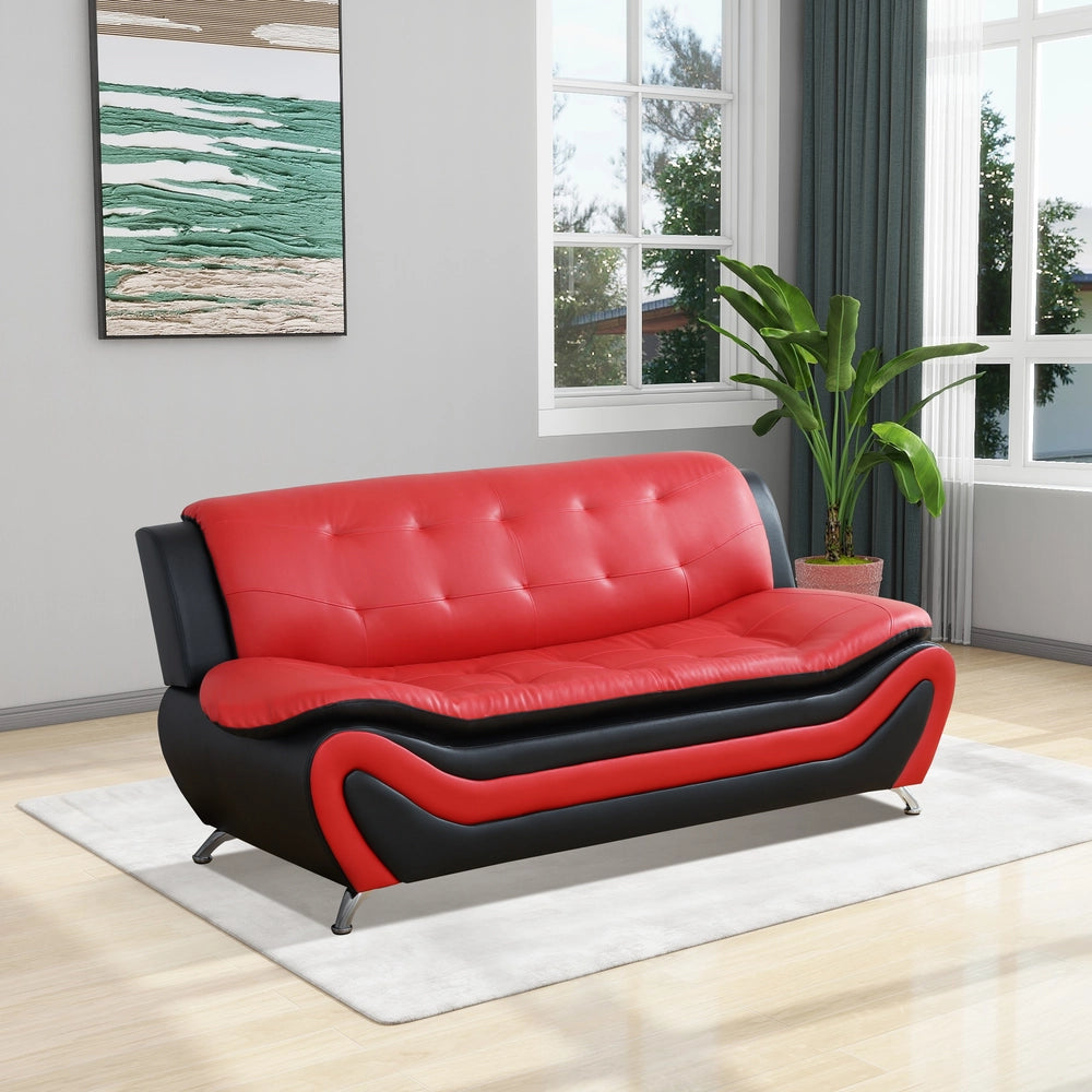 Black & Red Faux Leather 3-Piece Living Room Sofa Set with Elegant Design